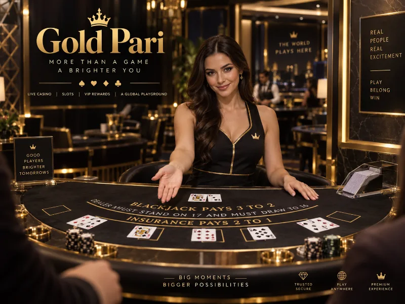 GoldPari live kazino stolida diler va o‘yin kartalari